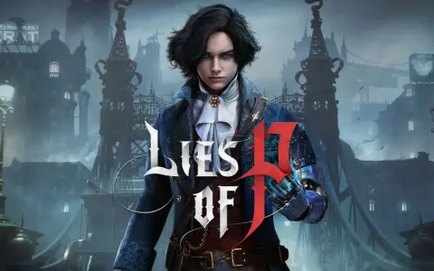 Joven con cabello oscuro y ojos azules, con un brazo mecánico, en la ciudad de Krat. El título "Lies of P" se superpone.