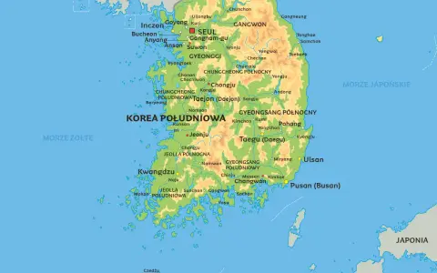 Mapa pokazuje, gdzie leży Korea Południowa, między Morzem Żółtym a Japońskim, na południe od Korei Północnej.