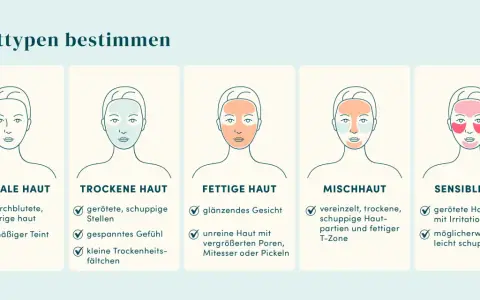 Illustrationen helfen, den Hauttyp zu bestimmen: normale, trockene, fettige, Mischhaut und sensible Haut.