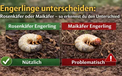 Zwei Engerlinge im Vergleich: Links der nützliche Rosenkäfer-Engerling, rechts der problematische Maikäfer-Engerling. So kannst du sie unterscheiden.