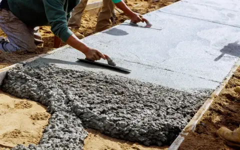 Pracownicy wygładzają świeży beton na budowie za pomocą kielni.