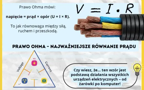 Prawo Ohma: napięcie = prąd × opór (U=I×R). Schemat z napięciem, prądem i oporem elektrycznym. Kable miedziane.