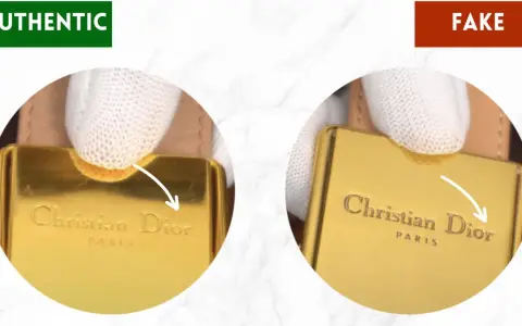Confronto tra un dettaglio autentico e uno falso di un accessorio firmato Dior azienda. Si notano differenze nella finitura e nella precisione del logo.