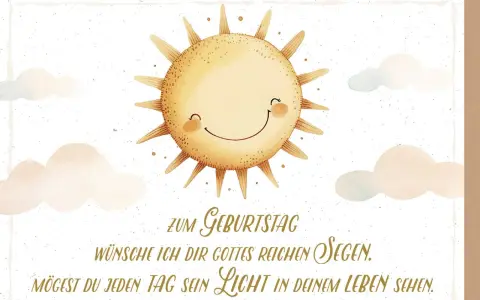 Sonnenschein-Illustration mit Wolken. Eine christliche Gratulation zum Geburtstag: "Zum Geburtstag wünsche ich dir Gottes reichen Segen. Mögest du jeden Tag sein Licht in deinem Leben sehen.