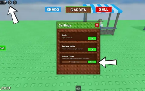 Ustawienia gry z opcją wpisywania kodów do grow a garden, aby zdobyć nagrody.