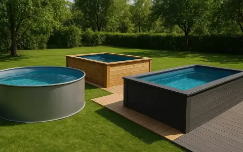 Tre ovan mark-pooler i en grönskande trädgård. En rund grå pool till vänster, en rektangulär i trä i mitten och en mörk rektangulär pool till höger. Perfekt för att isolera pool ovan mark.