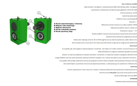 Zielona przekładnia zmiany kierunku obrotów z oznaczeniami A-E. Opisuje jej budowę i konserwację.