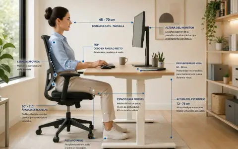 Mujer adulta trabajando en un escritorio ajustable, mostrando la altura ideal del escritorio para adultos y una postura ergonómica.
