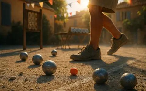 Un joueur s'élance lors d'une compétition de pétanque ensoleillée. Des boules métalliques et une petite cochonnet orange sont dispersés sur le terrain de terre battue.