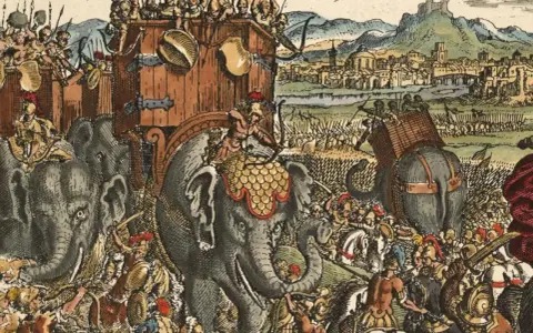 Antike Schlacht mit Elefanten und Soldaten. Ein Sieg, der teuer erkauft wurde, wie die vielen Verluste andeuten – ein Pyrrhussieg.