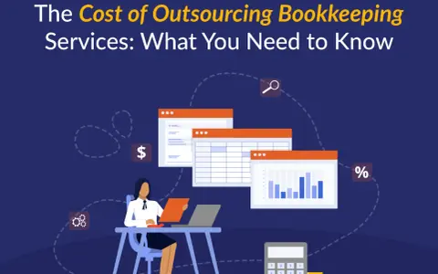 A woman works at a desk with a laptop, surrounded by financial charts and icons. The image illustrates the cost of outsourcing bookkeeping services.