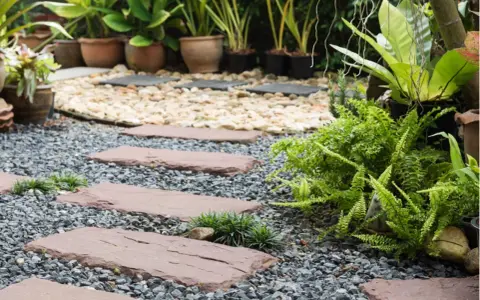 Schrittplatten führen durch einen Kiesgarten. Ein Steingarten anlegen wird hier mit Farnen und Gräsern umgesetzt.