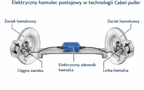 Schemat elektrycznego hamulca postojowego: zaciski hamulcowe, cięgno, linka i elektryczny siłownik.