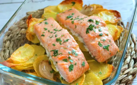 Dos filetes de salmón al horno con patatas crujientes y perejil picado, servidos en una fuente de vidrio.