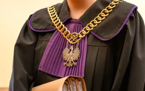 Sądowy strój z łańcuchem i orłem. Może symbolizować sprawiedliwość w sprawach o zachowek po rodzicach.
