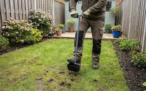 Gartenarbeit: Mit einem Werkzeug wird der Rasen aufgelockert, um ihn für besseres Wachstum vorzubereiten.