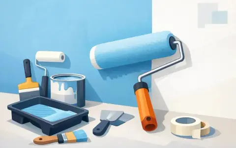 Herramientas para pintar: rodillo azul, lata de pintura, bandeja, brochas y espátulas. El mejor rodillo para pintar paredes lisas es el que se ve en acción.