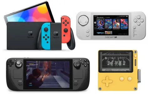 Comparativa de las mejores consolas portátiles: Nintendo Switch, Steam Deck, Evercade EXP y una retro amarilla.