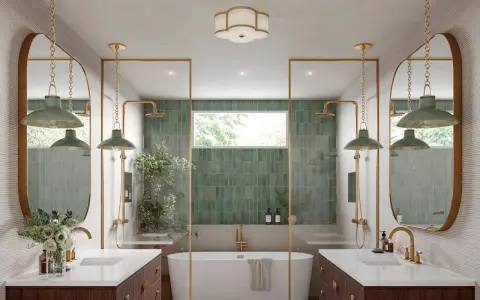 Elegant bathroom with dual vanities, a freestanding tub, and green tiled showers. Learn how to hang a bathroom mirror in this stylish space.