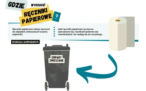 Grafika przedstawia rolkę ręczników papierowych i kosz na odpady zmieszane.
