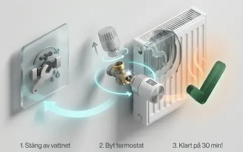 Byt ut din gamla termostat på elementet enkelt. Stäng av vattnet, byt termostat, klart på 30 min!