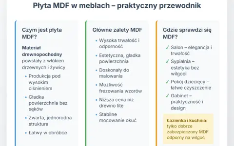 Płyta MDF to materiał drewnopochodny, idealny do mebli. Jest trwała, estetyczna i łatwa w obróbce, sprawdzi się w salonie, sypialni i pokoju dziecięcym.
