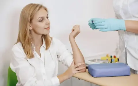 Kobieta w białej koszuli przygotowuje się do pobrania krwi. Pielęgniarka w rękawiczkach trzyma probówkę. To standardowa procedura, gdy badanie wykonuje się na czczo.