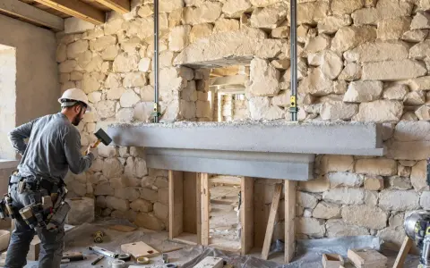 Un ouvrier ajuste une cheminée en béton devant une ouverture dans un mur en pierre.