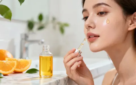 Une goutte d'huile à la vitamine C sur la joue d'une femme, à côté d'une bouteille et d'oranges.