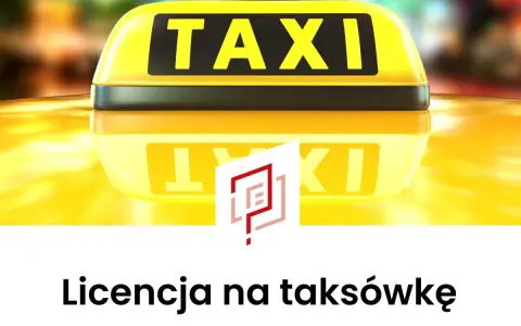 Żółty dach taksówki z napisem TAXI. Poniżej tekst "Licencja na taksówkę" i logo.
