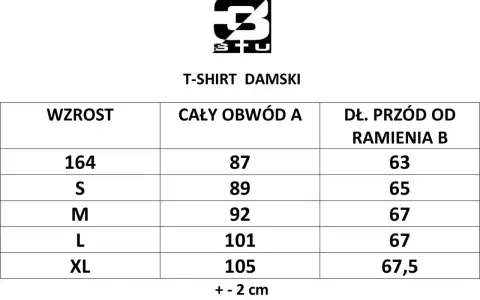 Tabela rozmiarów damskich t-shirtów. Sprawdź, jaki to rozmiar XXL, porównując wzrost i obwód.