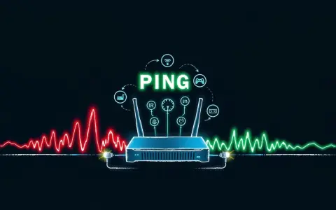 Router z ikonami symbolizującymi różne aktywności online, otoczony wykresami sygnału. Słowo "PING" świeci na zielono, sugerując szybkość połączenia.