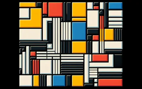 Composition abstraite de style De Stijl, avec des rectangles et carrés aux couleurs primaires, blanc et noir, créant un jeu d'ombres et de lumières.