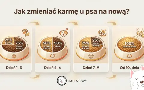 Grafika pokazuje stopniową zmianę karmy u psa: 25% nowej karmy przez 3 dni, potem 50/50, następnie 75% nowej karmy, aż do 100% nowej karmy od 10. dnia.
