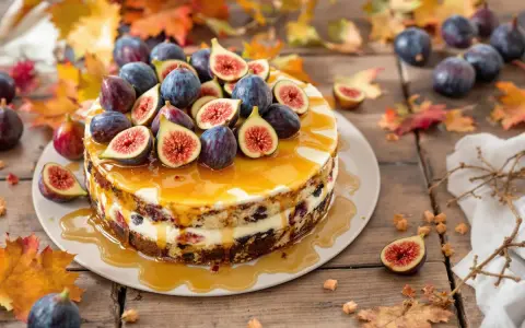 Gâteau d'automne décoré de figues fraîches et nappé de caramel, entouré de feuilles d'automne.