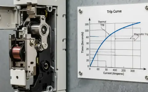 Mécanisme interne d'un disjoncteur et sa courbe de déclenchement, illustrant la règle de l'amont et de l'aval pour la protection électrique.
