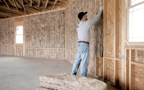 Obrero instala aislamiento en pared de madera. Aprende como aislar una pared para mejorar la eficiencia energética.