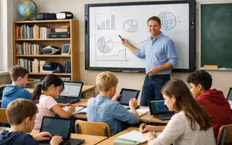 Lehrer erklärt Diagramme an einem Whiteboard, während Schüler mit digitalen Tools wie Laptops und Tablets arbeiten.