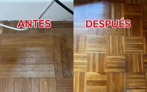 Antes y después de aplicar remedios caseros para reparar parquet. El suelo luce renovado y brillante.