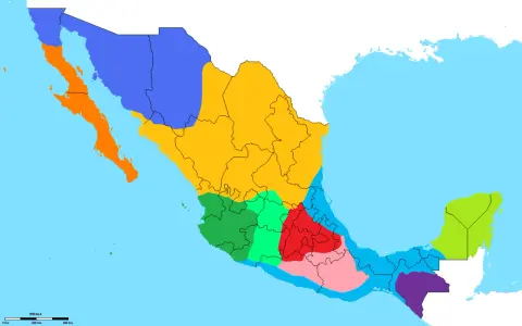 Mapa de México con áreas coloreadas que representan diferentes tipos de dialectos.