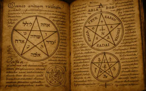 Livre ancien ouvert sur des pages remplies de textes et de symboles mystiques, dont un pentagramme complexe, un symbole ancien de pouvoir.