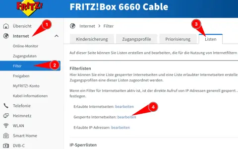 FRITZ!Box: Webseiten sperren im Menü "Internet > Filter". Hier können Sie Listen für gesperrte und erlaubte Seiten erstellen.
