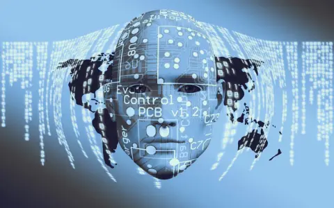 Rostro humano digital con mapa mundial y código binario. Explora qué es la IA y cómo funciona.