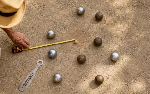 Un joueur mesure la distance entre le cochonnet et les boules lyonnaises. La règle du jeu est respectée.