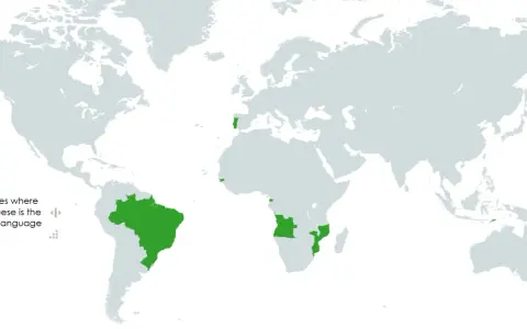 Mapa świata z zaznaczonymi krajami, gdzie językiem urzędowym jest portugalski. Widać Brazylię, Portugalię, Angolę, Mozambik i inne.