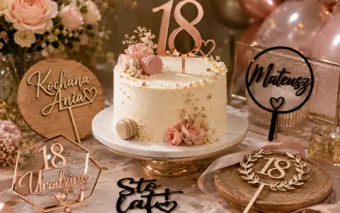 Elegancki tort na 18. urodziny z dekoracjami: topper "18", napisy "Kochana Ania", "Mateusz", "18 Urodziny", "Sto lat!".