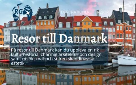 Färgglada hus vid en kanal i Danmark, med texten "Resor till Danmark". Upptäck fina platser i Danmark med rik kulturhistoria och charmig arkitektur.