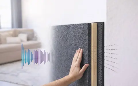 Mano tocando material para aislar ruido. Gráfico de sonido muestra cómo se reduce.