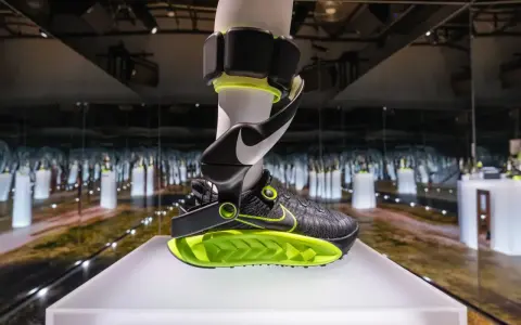 Czarny but Nike z neonowo-zieloną podeszwą i futurystycznym zapięciem. To jedne z najdziwniejszych butów Nike, jakie widziałem.