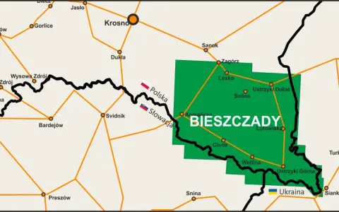 Mapa drogowa Bieszczad, województwo podkarpackie. Zaznaczone miasta: Sanok, Lesko, Ustrzyki Dolne, Wetlina, Cisna. Granice z Polską, Słowacją i Ukrainą.